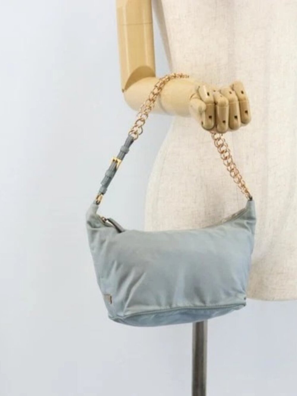 PRADA Chain Shoulder Bag Nylon Light Blue Gold Auth LNZ688V - Picture 14 of 16